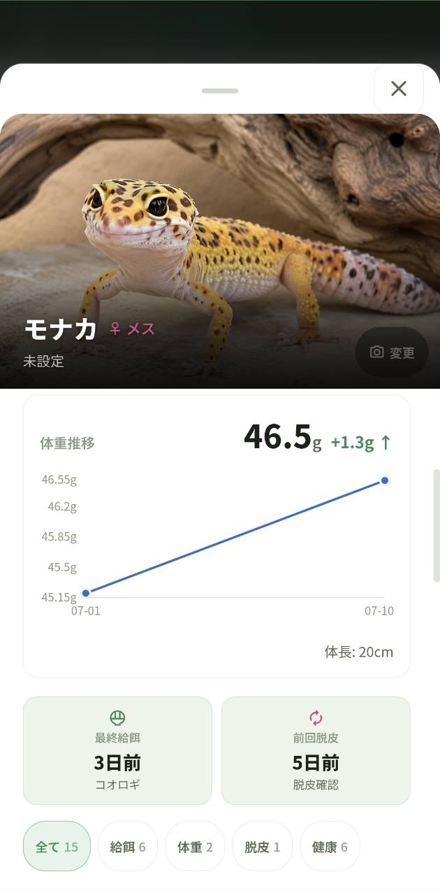 個体詳細と体重グラフの画面